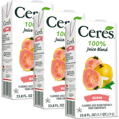 Ceres guava juice front packaging showing three cartons, convenient multipack