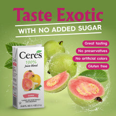 Ceres guava juice pouring into glass to show fresh serving and vibrant color