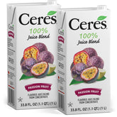 Ceres front packaging showing two passion fruit juice bottles, clear view and brand benefit
