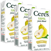 Ceres front packaging showing three 1L bottles and clear pear juice benefit: natural taste