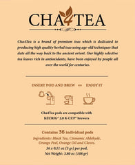Cha4TEA steaming cup poured from pod showcasing warm cinnamon orange aroma and comfort