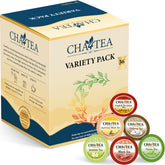 Cha4TEA variety pack front view showing six tea flavors and brand for easy selection