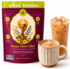 Chai Tonics front packaging showing Focus Flow jar and clean branding for clarity