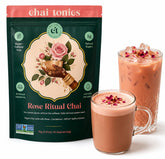 Chai Tonics front packaging showing Rose Ritual and vegan benefit