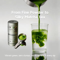Chaism matcha powder texture close-up showing vibrant green color and purity