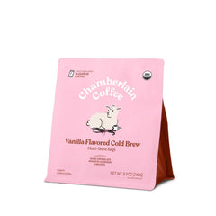 Chamberlain Coffee front packaging showing organic vanilla cold brew benefits convenience