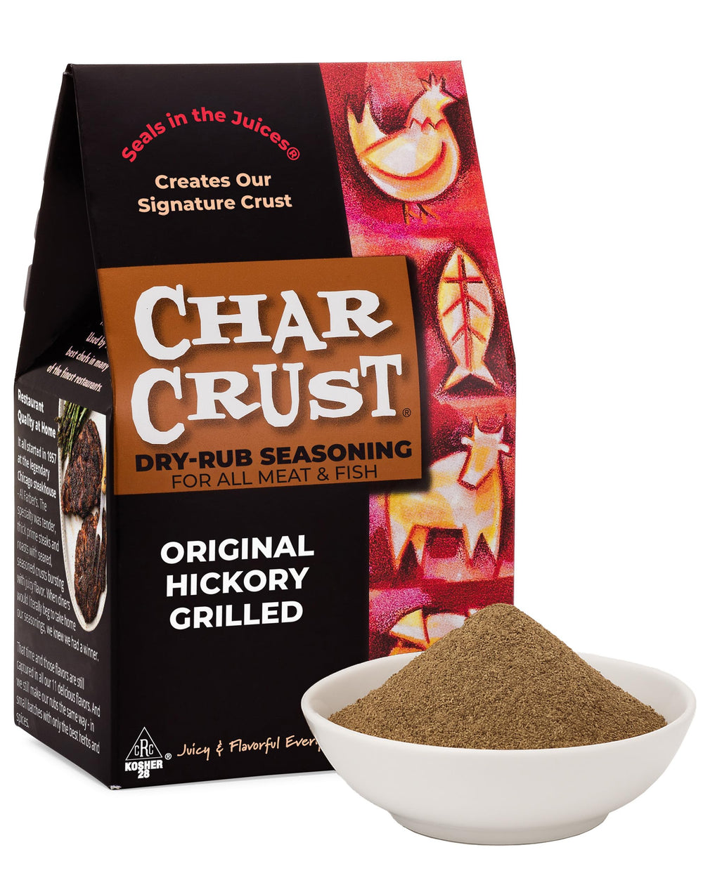 Char Crust front pouch showing branding and package for easy identification