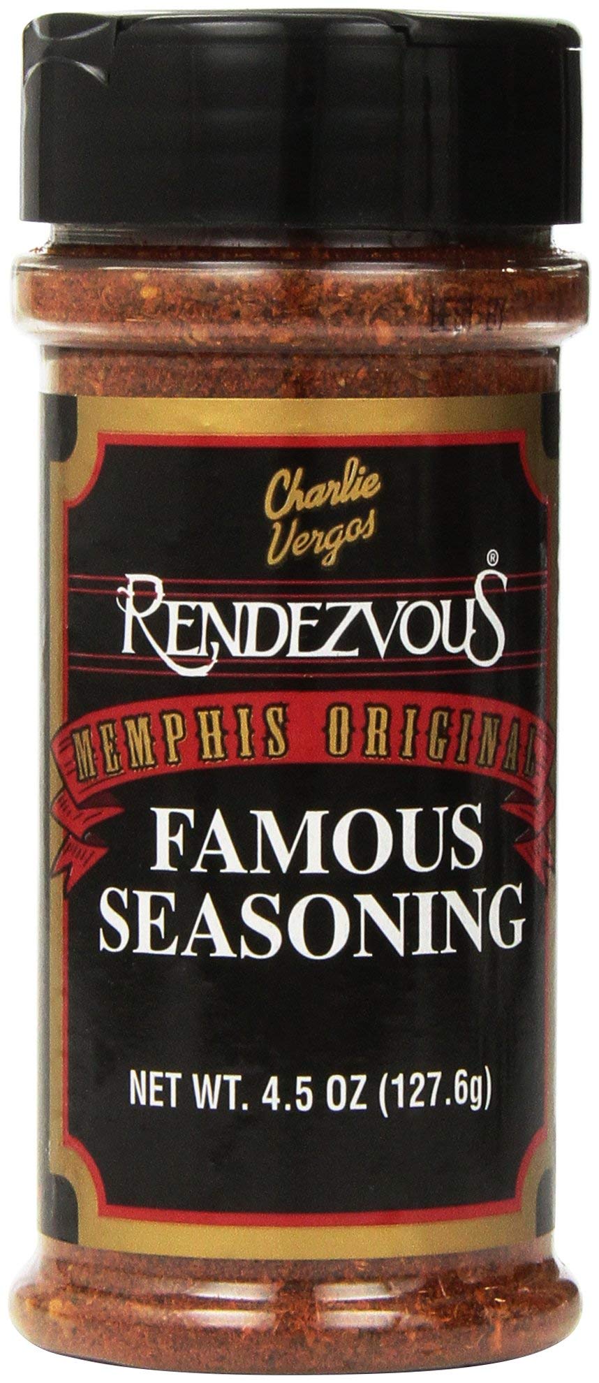 Charlie Vergos Rendezvous front packaging shows jar label and seasoning, promising authentic Memphis flavor
