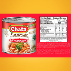 Chata opened can displaying hominy and beef belly for quick meal readiness