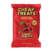CHEAP TREATS front packaging showing 20 single-serve cherry pouches and portability benefit
