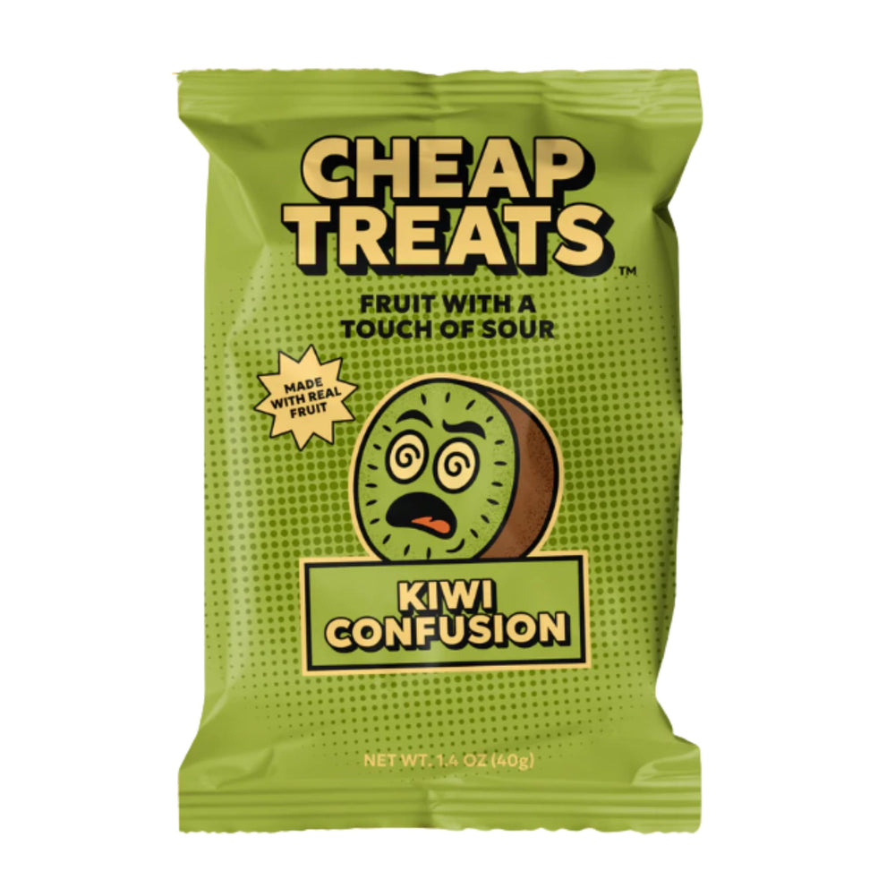 CHEAP TREATS front packaging showing kiwi candy and convenient 20-pack