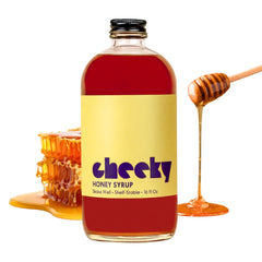 Cheeky honey syrup front bottle view showing label and contents, convenient for bartenders