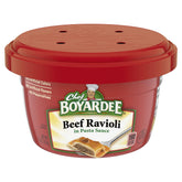 Chef BOYARDEE front packaging of twelve microwaveable beef ravioli bowls, convenient pantry staple