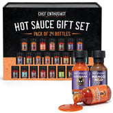 Chef Enthusiast front packaging displaying 24 mini hot sauces and ready-to-gift benefit