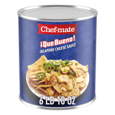Chef-mate front can showing Que Bueno jalapeño branding and bulk size benefit