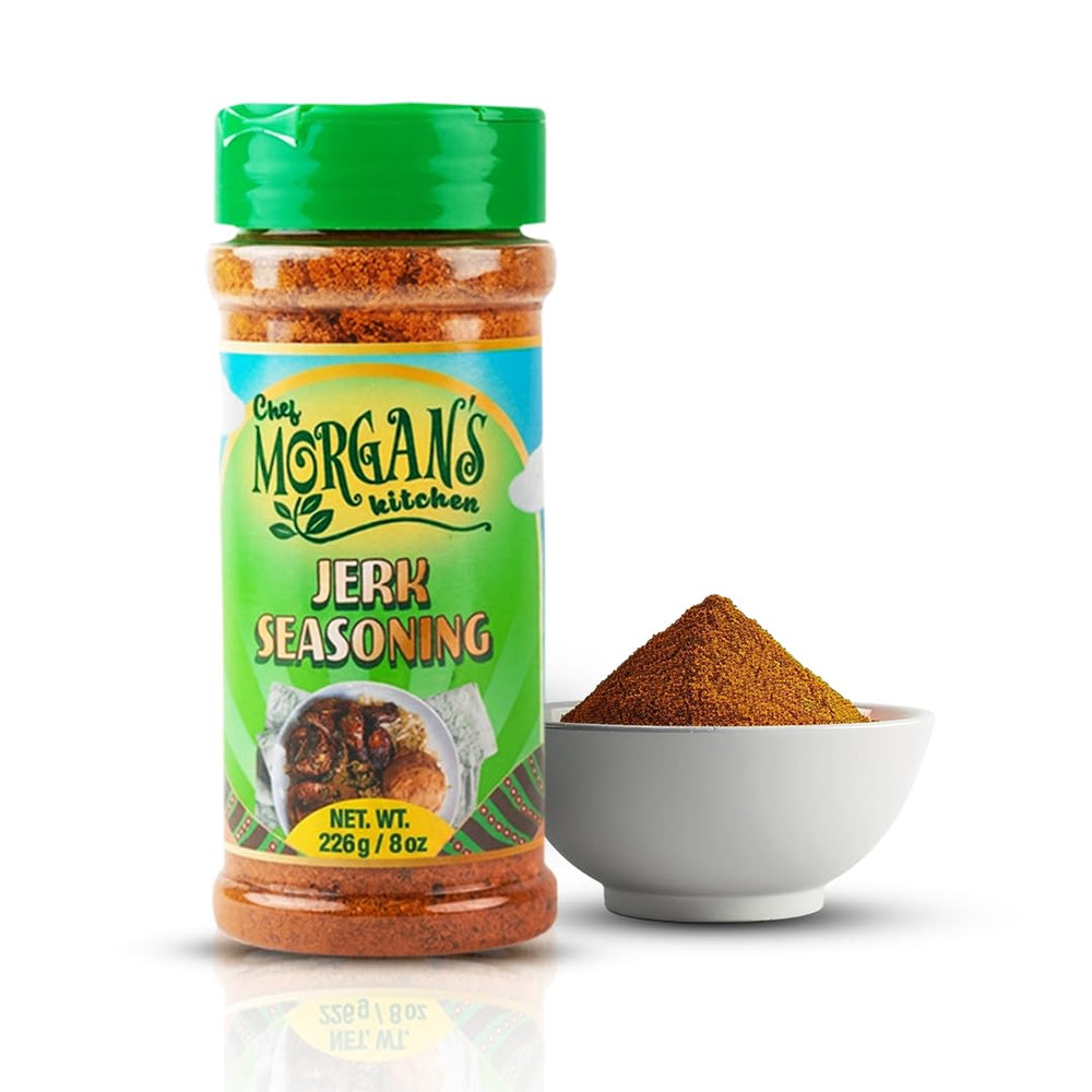 Chef Morgan's Kitchen front label jar showing authentic jerk seasoning and clear benefits