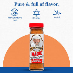 Chef Paul Prudhomme seasoning pouring from canister onto fillet for quick flavor
