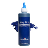 Chefmaster navy blue bottle front view showing clear label and squeeze cap benefits