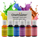 Chefmaster front packaging showing six neon bottles and vibrant color promise