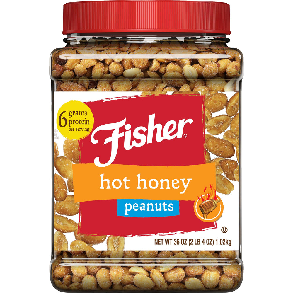 CHEF'S NATURALS Fisher hot honey peanuts tub front showing bold label and resealable lid