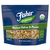 CHEF'S NATURALS Fisher organic walnuts front packaging showing label and bag benefit