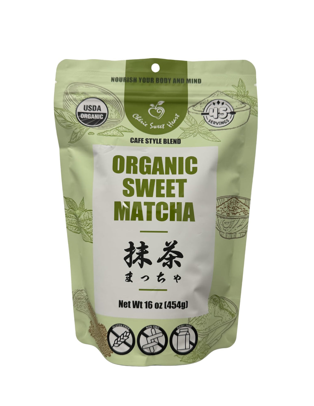 Chérie Sweet Heart front packaging showing 16oz pouch and vibrant green blend benefit: easy café-quality