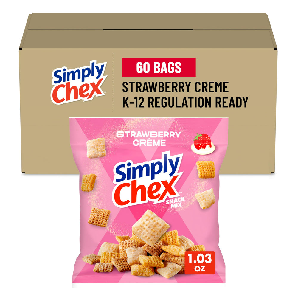 Chex Mix front packaging showing Strawberry Crème variety and case benefit