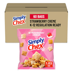 Chex Mix front packaging showing Strawberry Crème variety and case benefit