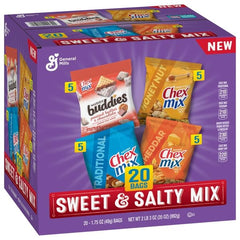 Chex Mix variety pack front box showing all sweet and salty single-serve bags, ideal for snacking