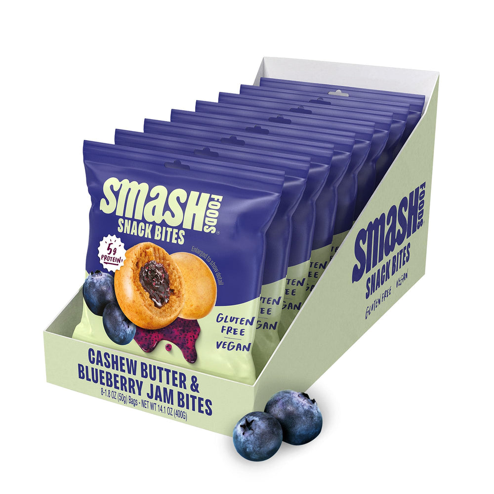 Chia Smash front packaging showing blueberry and cashew butter bites and branding, convenient grab-and-go snack