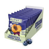 Chia Smash front packaging showing blueberry and cashew butter bites and branding, convenient grab-and-go snack