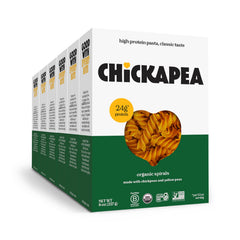 Chickapea front packaging showing spirals and organic badge, highlights clean ingredients