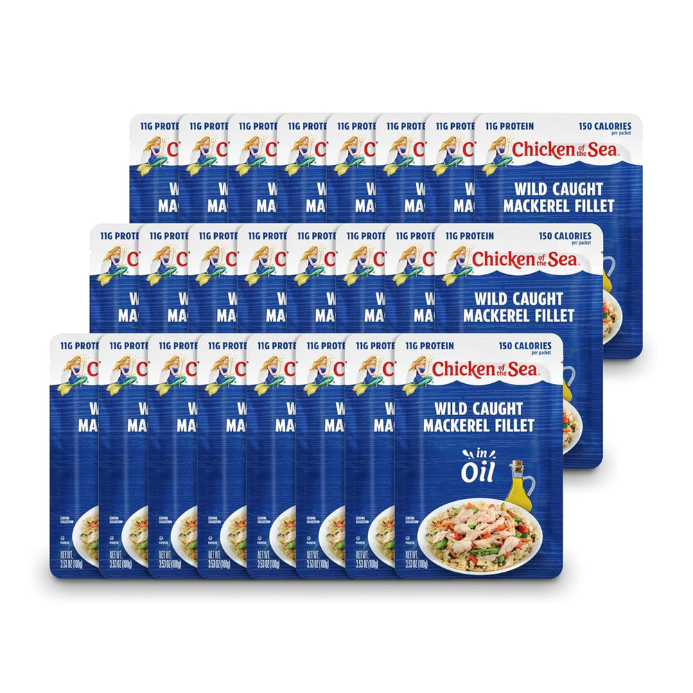 Chicken of the Sea front packaging showing 24 mackerel packets for easy stocking