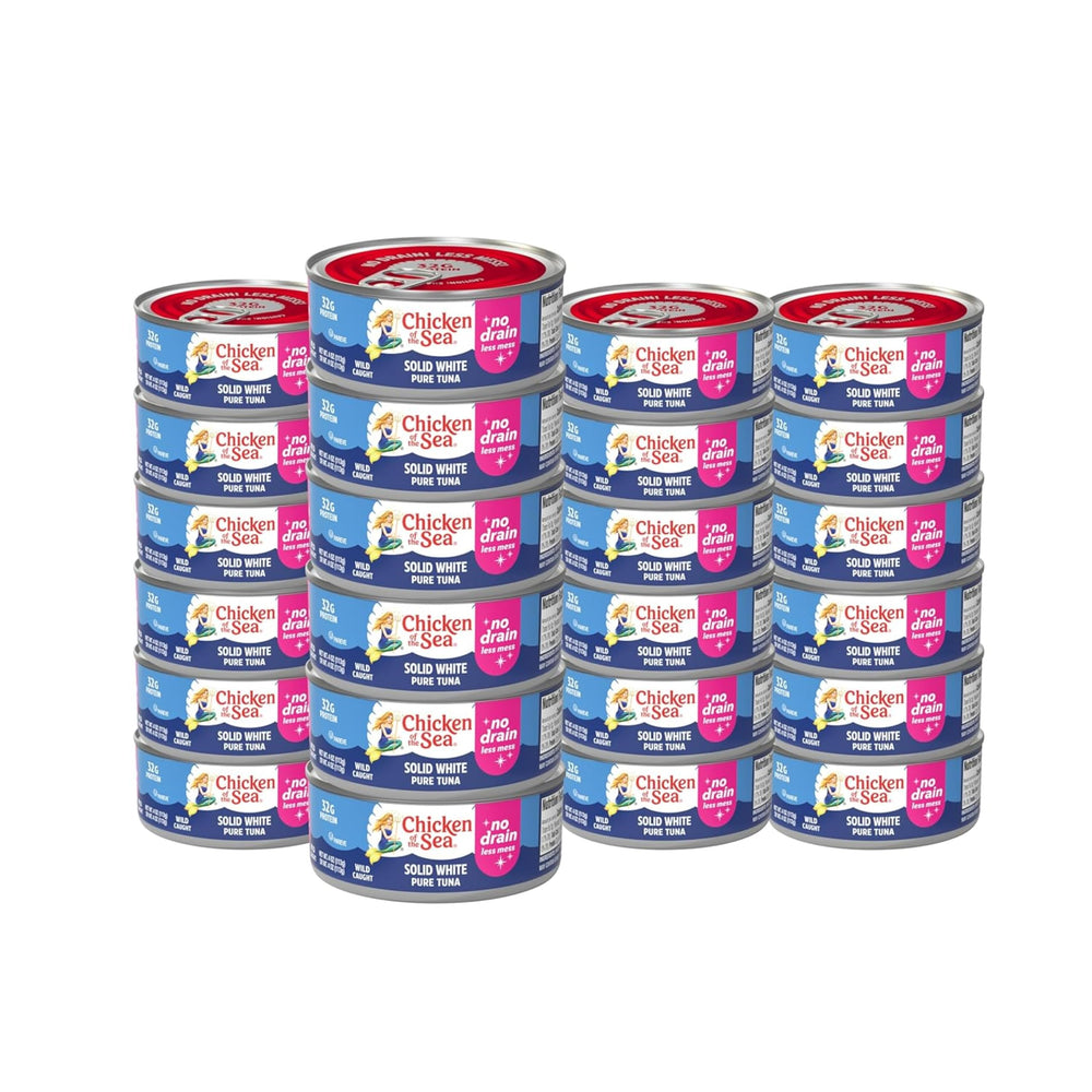 Chicken of the Sea front packaging showing 24-count no-drain cans and convenience