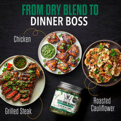 Chimi Boss Blends sprinkled on grilled steak delivering bold finish