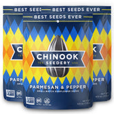 Chinook Seedery front packaging showing three 4 oz Parmesan & Pepper bags and brand