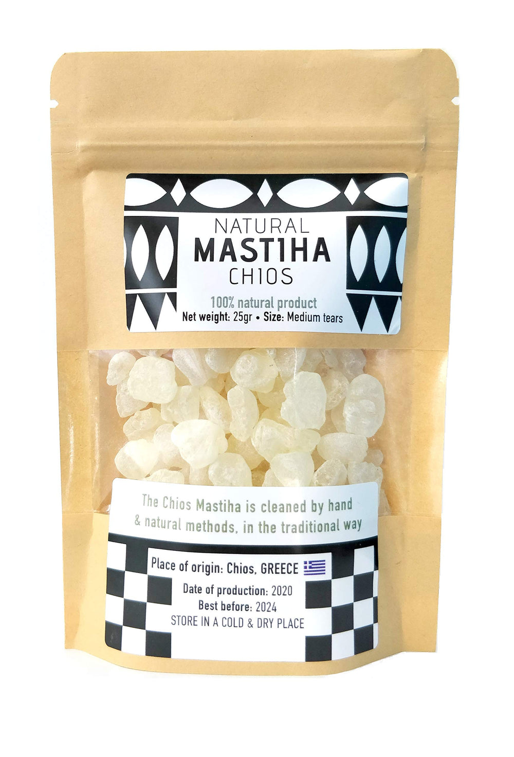 Chios Mastic front packaging showing 25g natural mastiha tears and origin