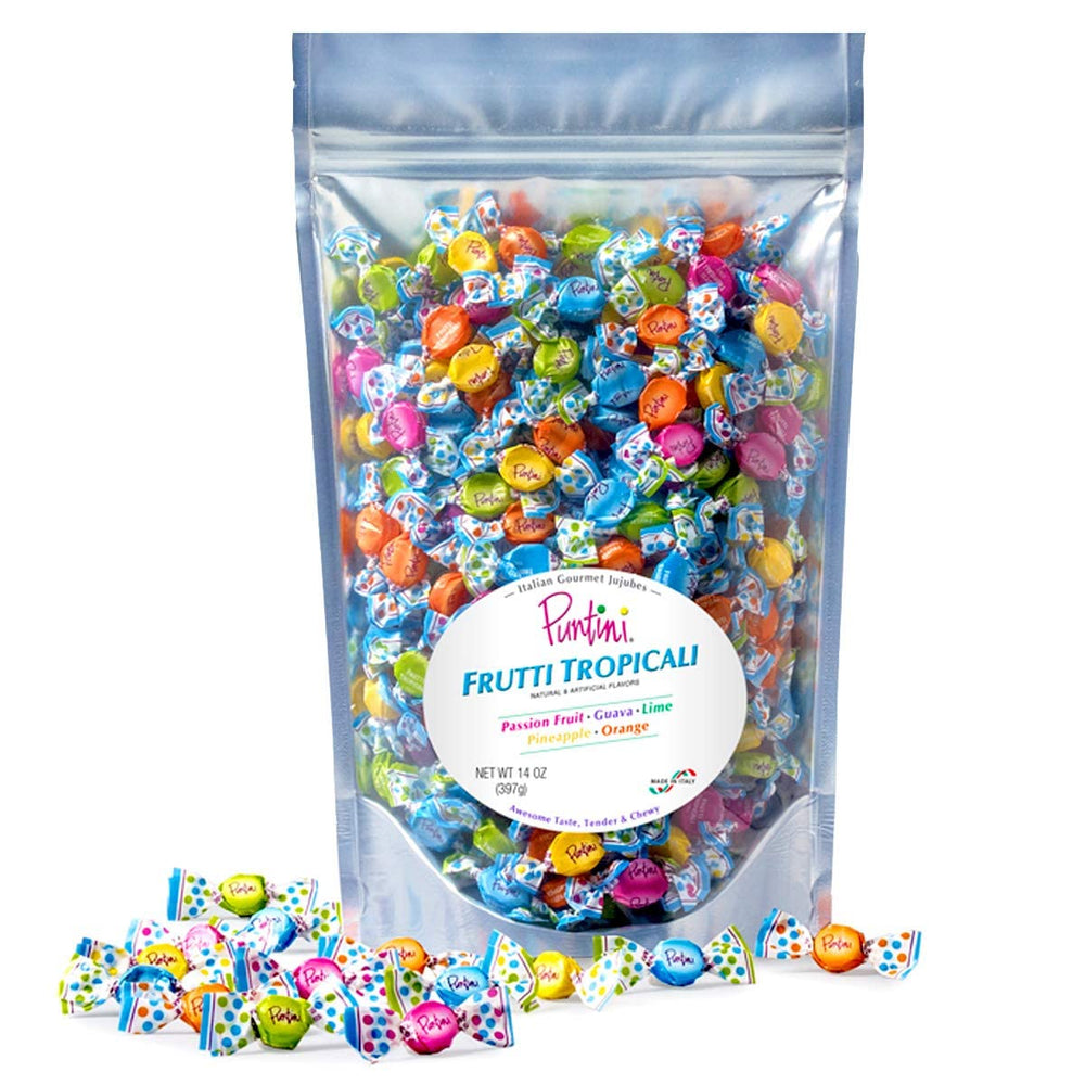 Chipurnoi front packaging showing colorful PUNTINI tropical flavors and resealable pouch benefits