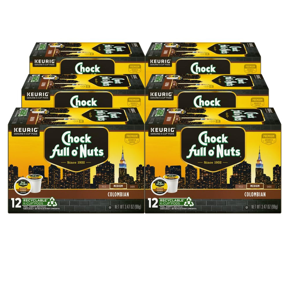 Chock Full o' Nuts front packaging showing six 12-count packs and product branding for convenient storage