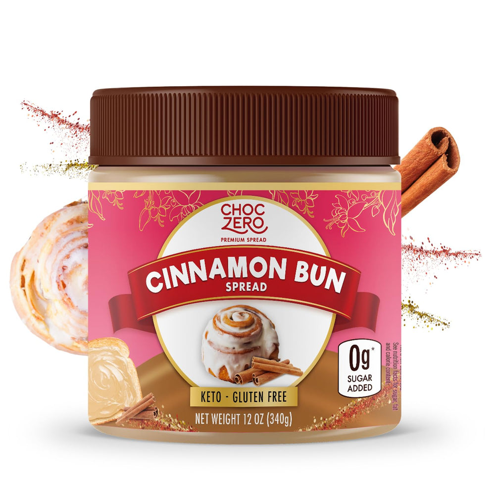 ChocZero front jar showing label and cinnamon bun flavor benefit