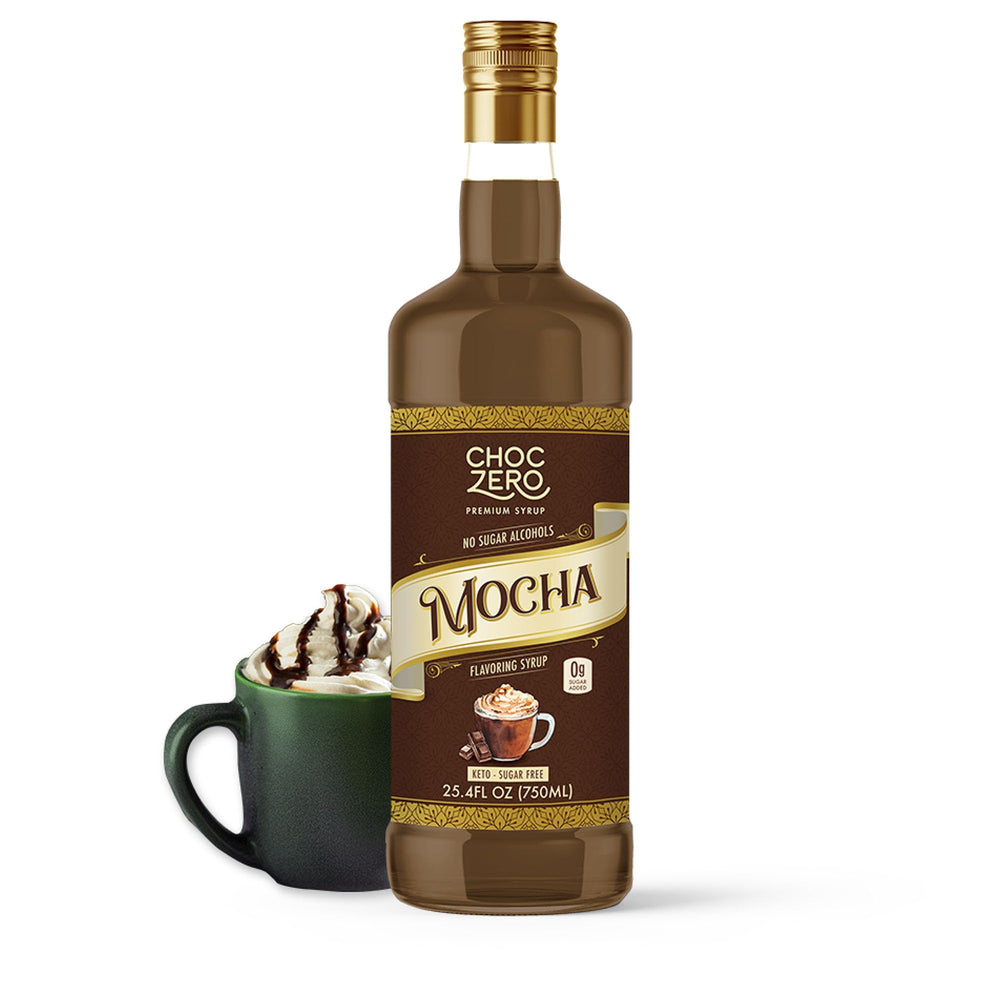 ChocZero bottle front showing mocha syrup and serving info for easy selection