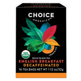 Choice Organic Teas front packaging showing decaf English Breakfast and product benefits