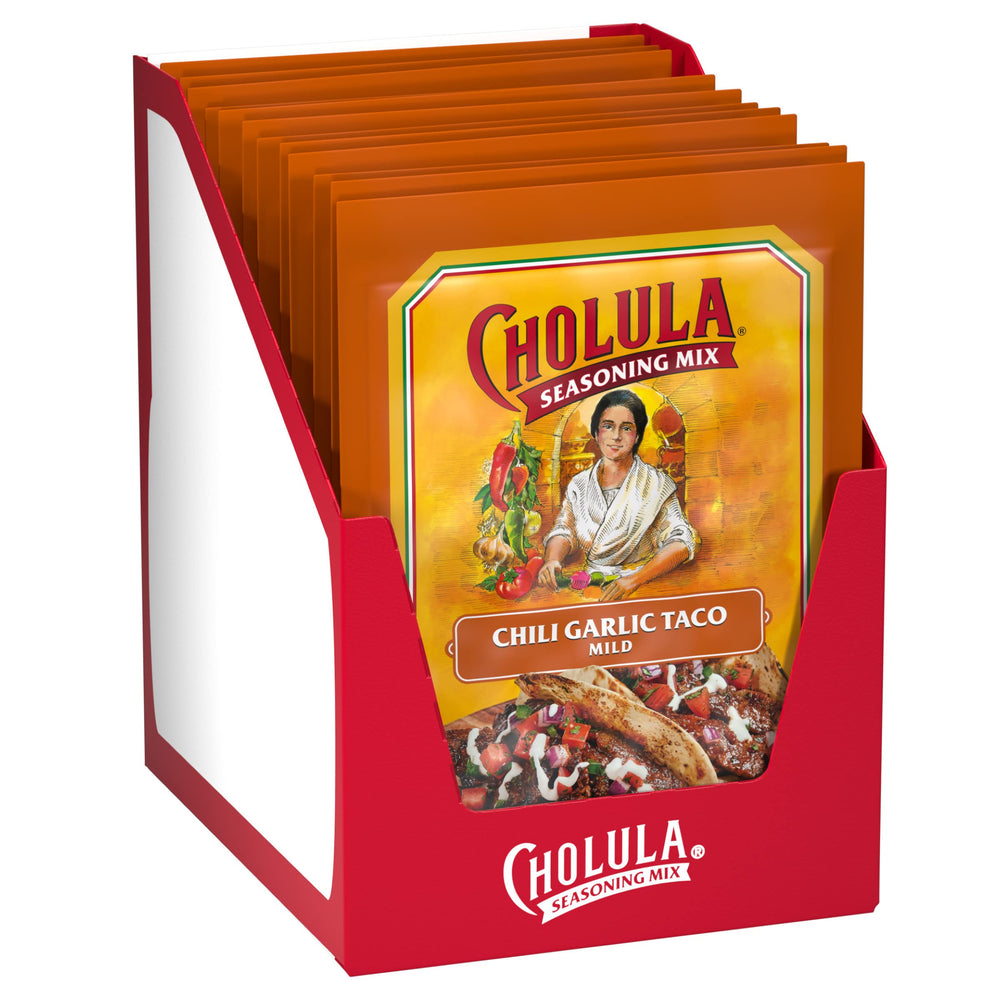 Cholula front packaging showing twelve 1 oz taco seasoning packets and brand