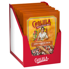 Cholula front packaging showing twelve 1 oz taco seasoning packets and brand