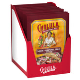 Cholula front view of 12-pack packets showing bold chipotle seasoning and convenience
