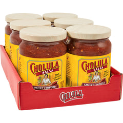 Cholula smoky chipotle salsa front jar showing label and 12 oz size, ideal for pantry.