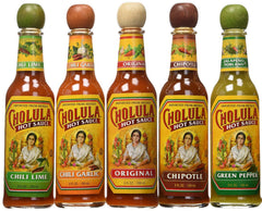 Cholula variety pack front packaging showing five bottles and clear flavor labels, easy sampling