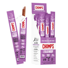 Chomps front packaging showing taco beef flavor and grass-fed claim for informed purchase
