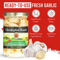 Open jar of Christopher Ranch pickled garlic cloves ready to use for cooking and snacking