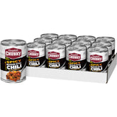 Campbell’s Chunky front of can showing spicy Mexican-style chili benefit of pantry-ready convenience